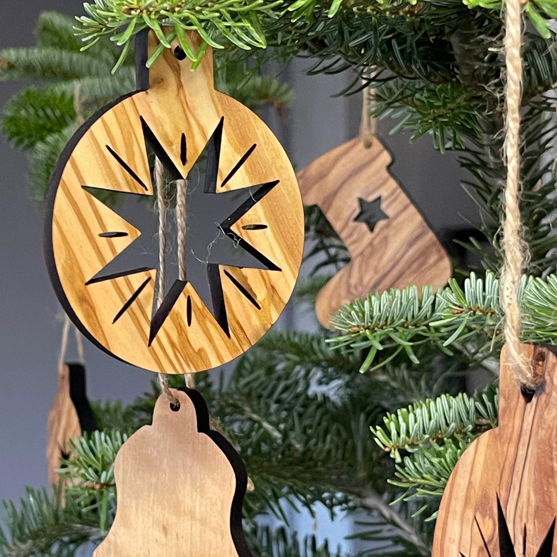 Olive Wood Unique Design Christmas Ornaments, Olive Wood Christmas Ornaments Unique Shapes Engraved