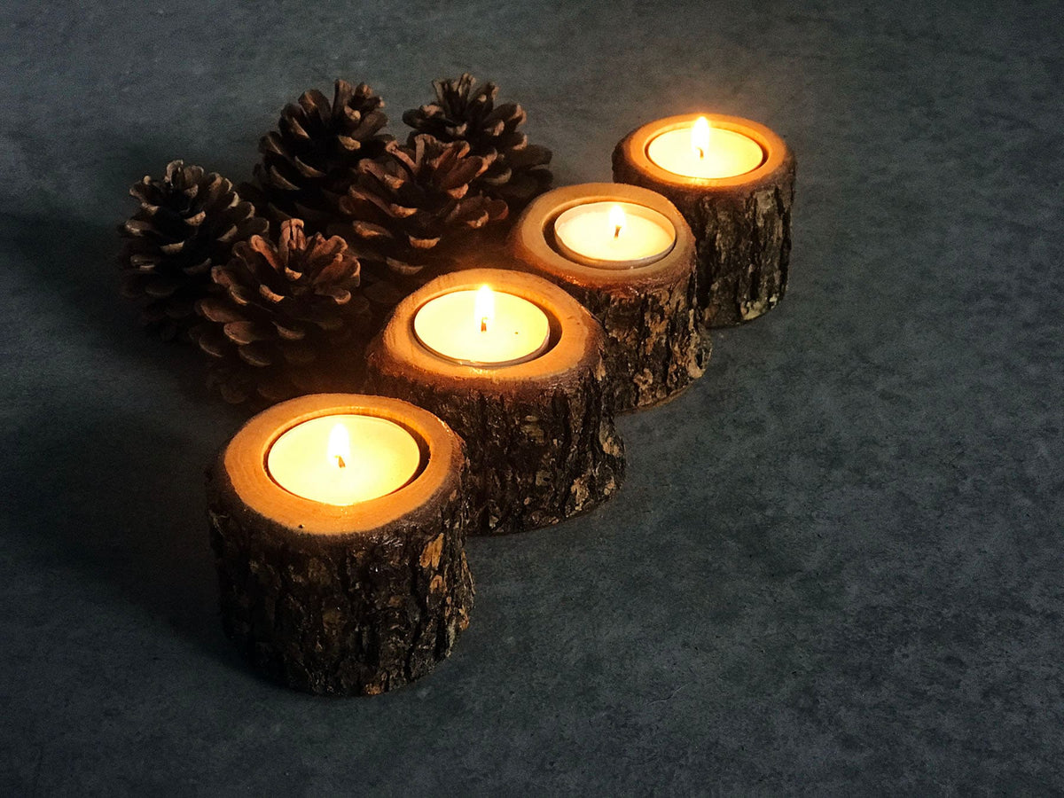 Rustic Olive Wood Tea Light Candleholder, Live Edge Wood / Set of 4