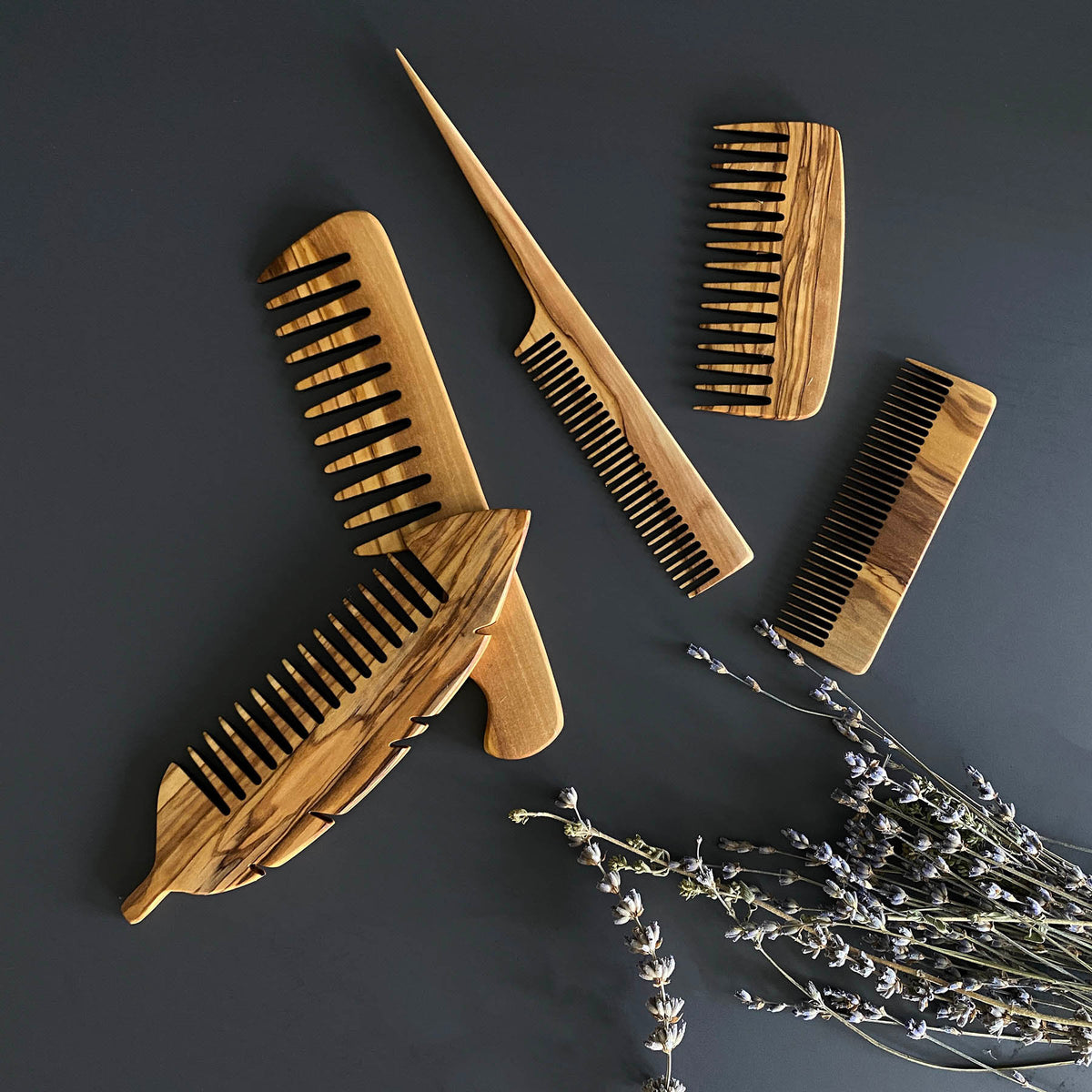 Handmade Olive Wood Comb Set, Wide & Close Tine, Rat Tail Comb