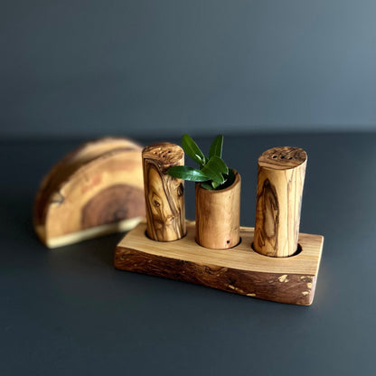 Olive Wood Salt and Pepper Shaker with Napkin Holder | Natural Wooden Table Set