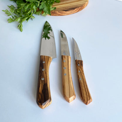 Olive Wood Kitchen Knife Set, Stainless Steel Blade (3 Piece)