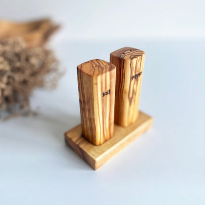 Handmade Olive Wood Salt and Pepper Shaker Set with Stand