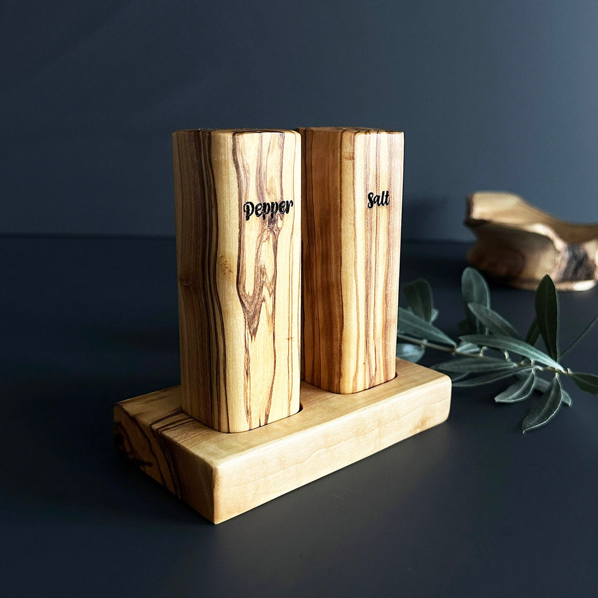 Handmade Olive Wood Salt and Pepper Shaker Set with Stand