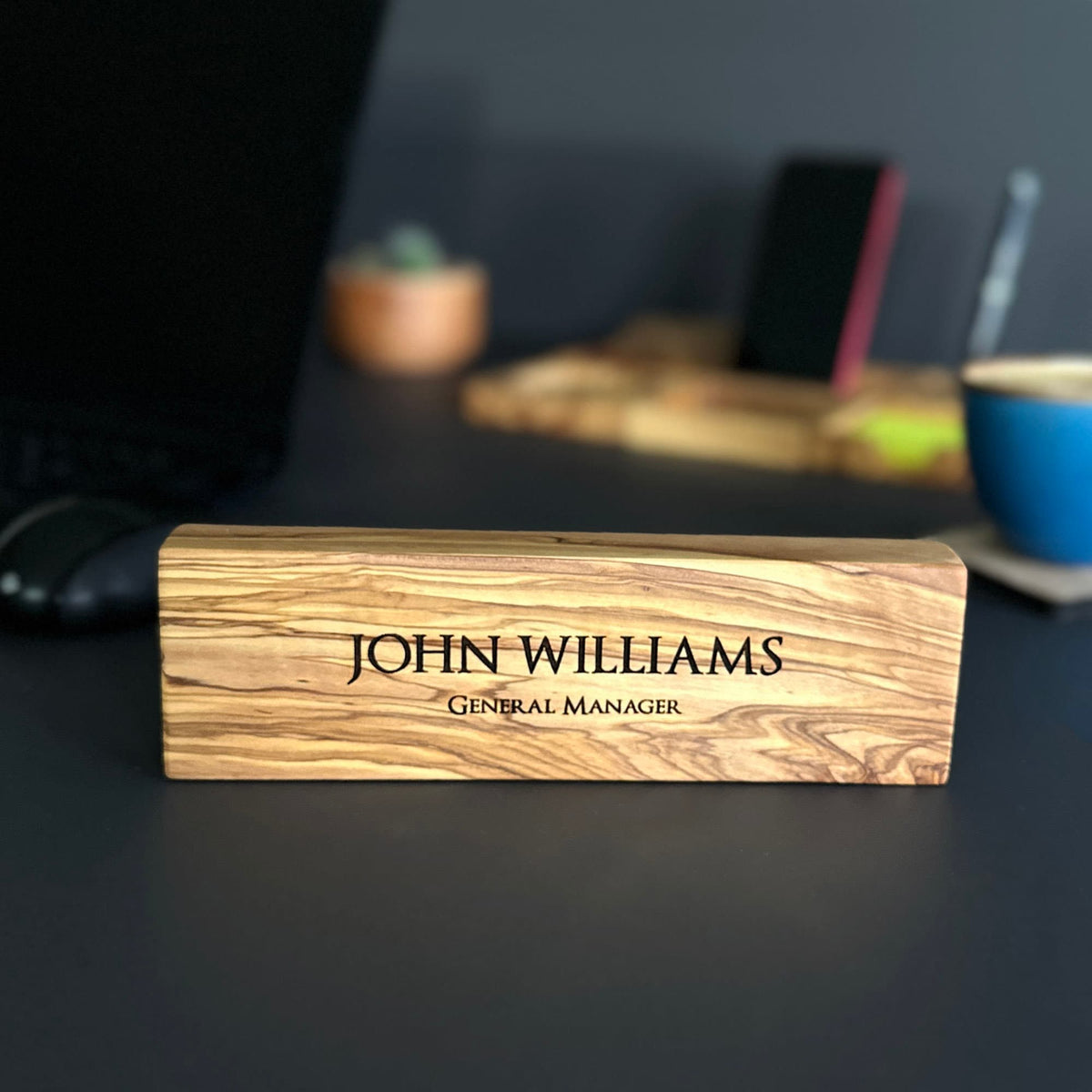 Personalized Olive Wood Desk Name Plate, Engraved Wooden Sign