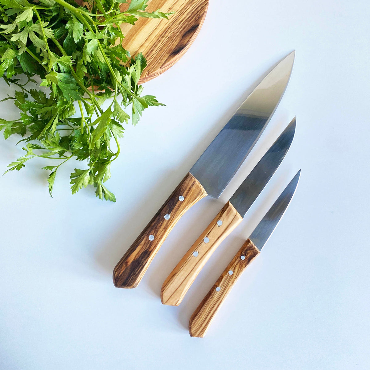 Olive Wood Kitchen Knife Set, Stainless Steel Blade (3 Piece)