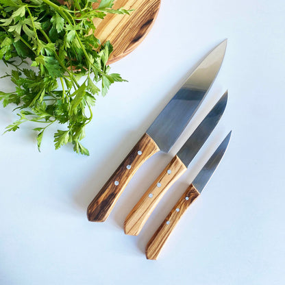 Olive Wood Kitchen Knife Set, Stainless Steel Blade (3 Piece)