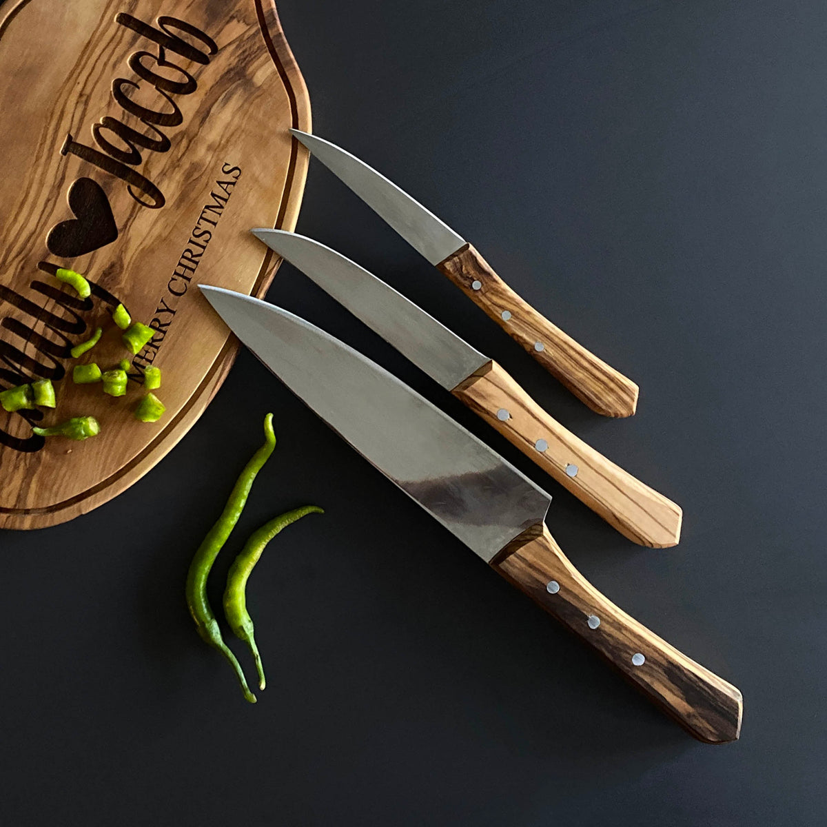 Olive Wood Kitchen Knife Set, Stainless Steel Blade (3 Piece)