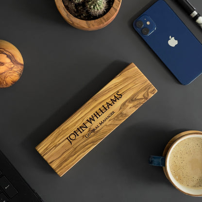 Personalized Olive Wood Desk Name Plate, Engraved Wooden Sign