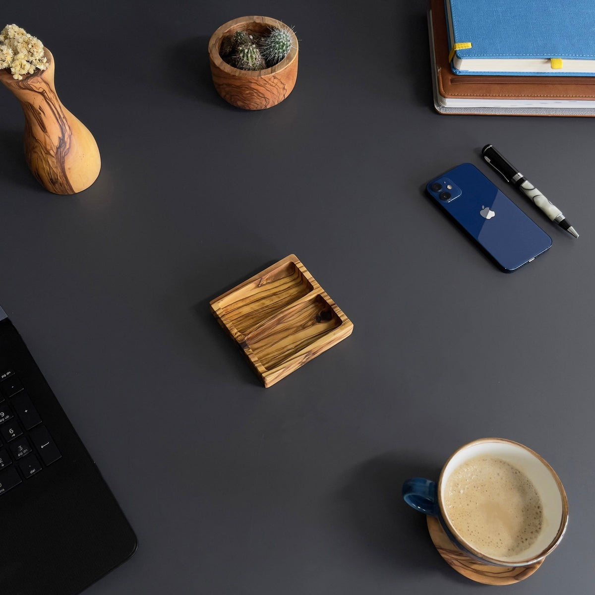 Handmade Olive Wood Desk Organizer Set – Office Accessories
