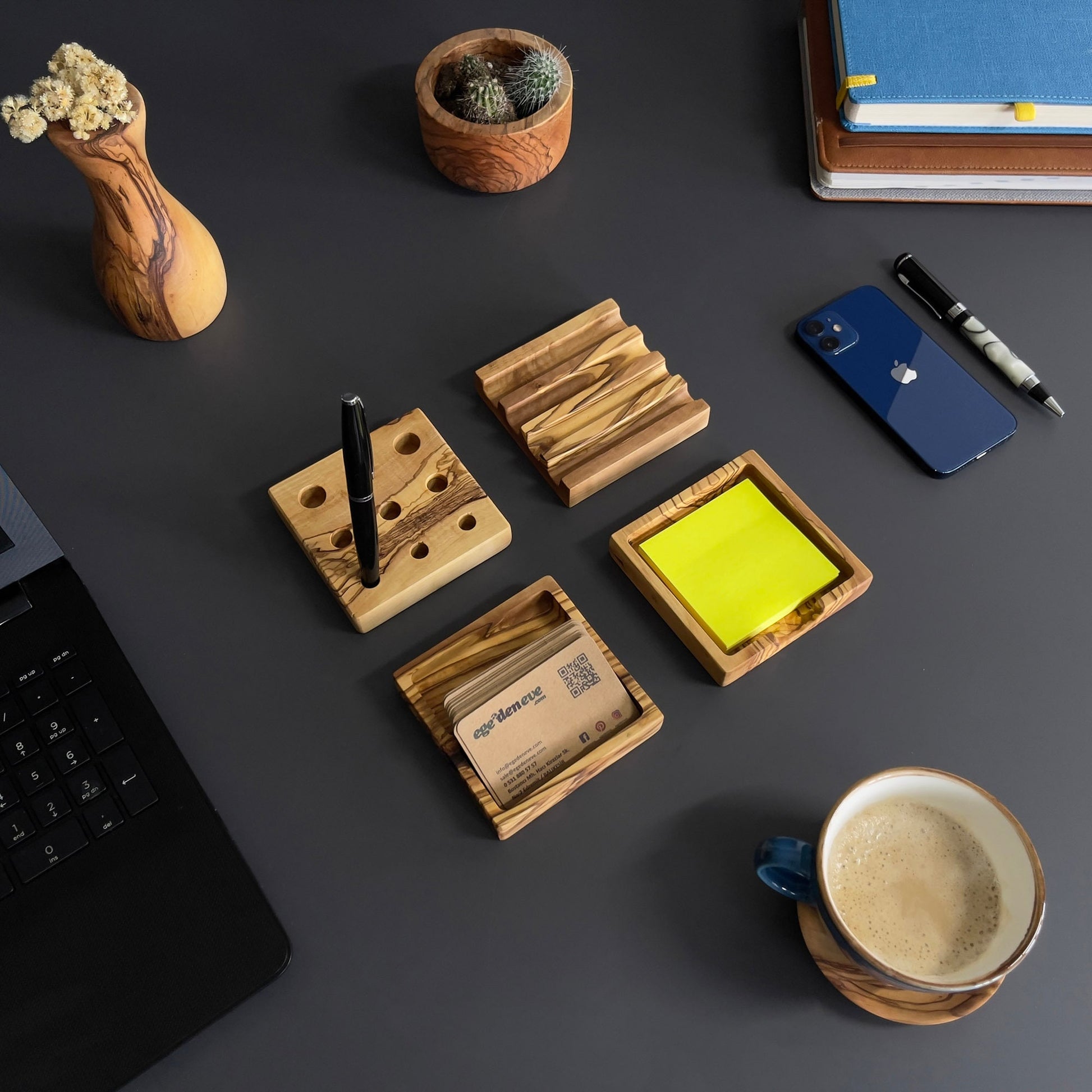 Handmade Olive Wood Desktop Set - 4 Piece Desktop Set - Wooden Desk Organizer - Office Supplies - Desk Decor - Wood Desk Accessories