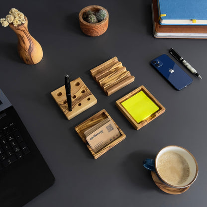 Handmade Olive Wood Desk Organizer Set – Office Accessories
