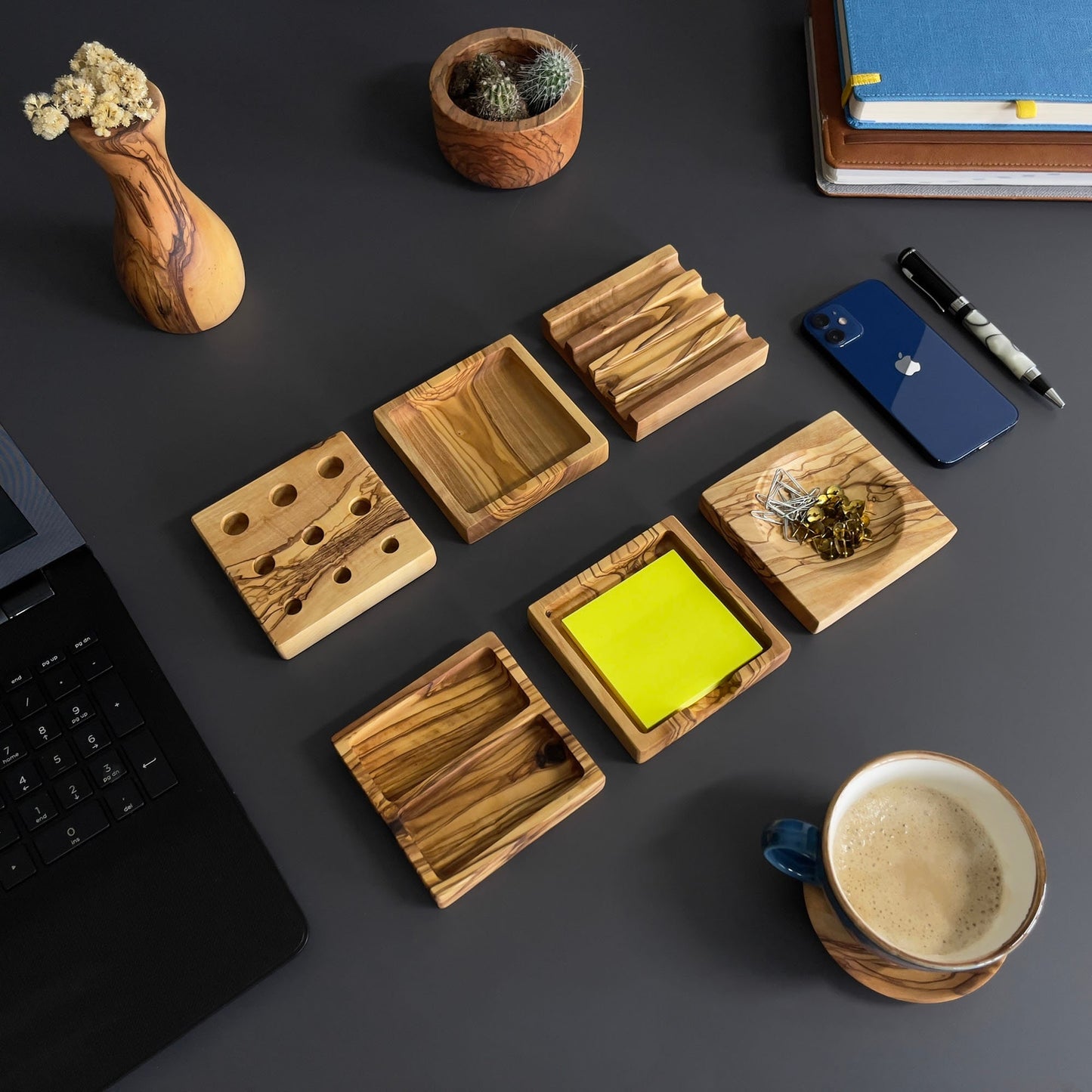 Handmade Olive Wood Desktop Set - 6 Piece Desktop Set - Wooden Desk Organizer - Office Supplies - Desk Decor - Wood Desk Accessories