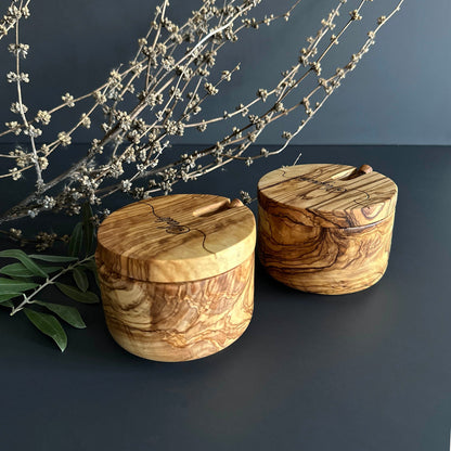 Personalized Olive Wood Spice Bowl with Spoon, Hand-Carved Salt Cellar