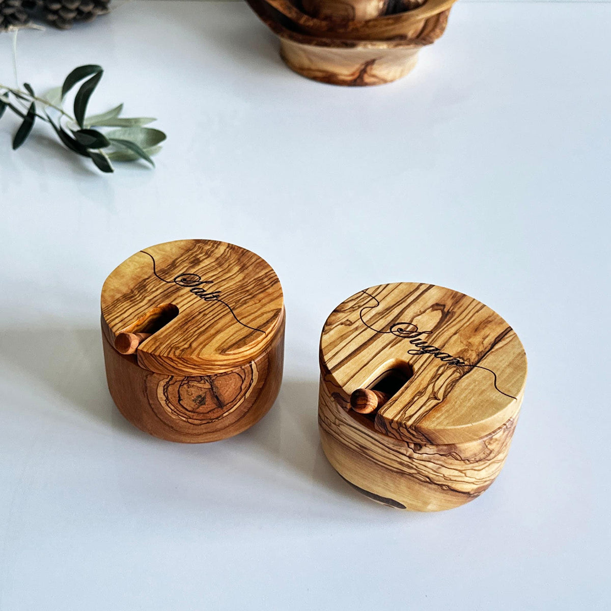 Personalized Olive Wood Spice Bowl with Spoon, Hand-Carved Salt Cellar