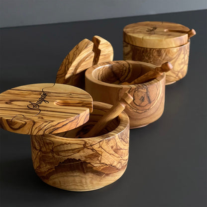 Personalized Olive Wooden Spice Bowl Set | Salt , Sugar Bowl with Spoon