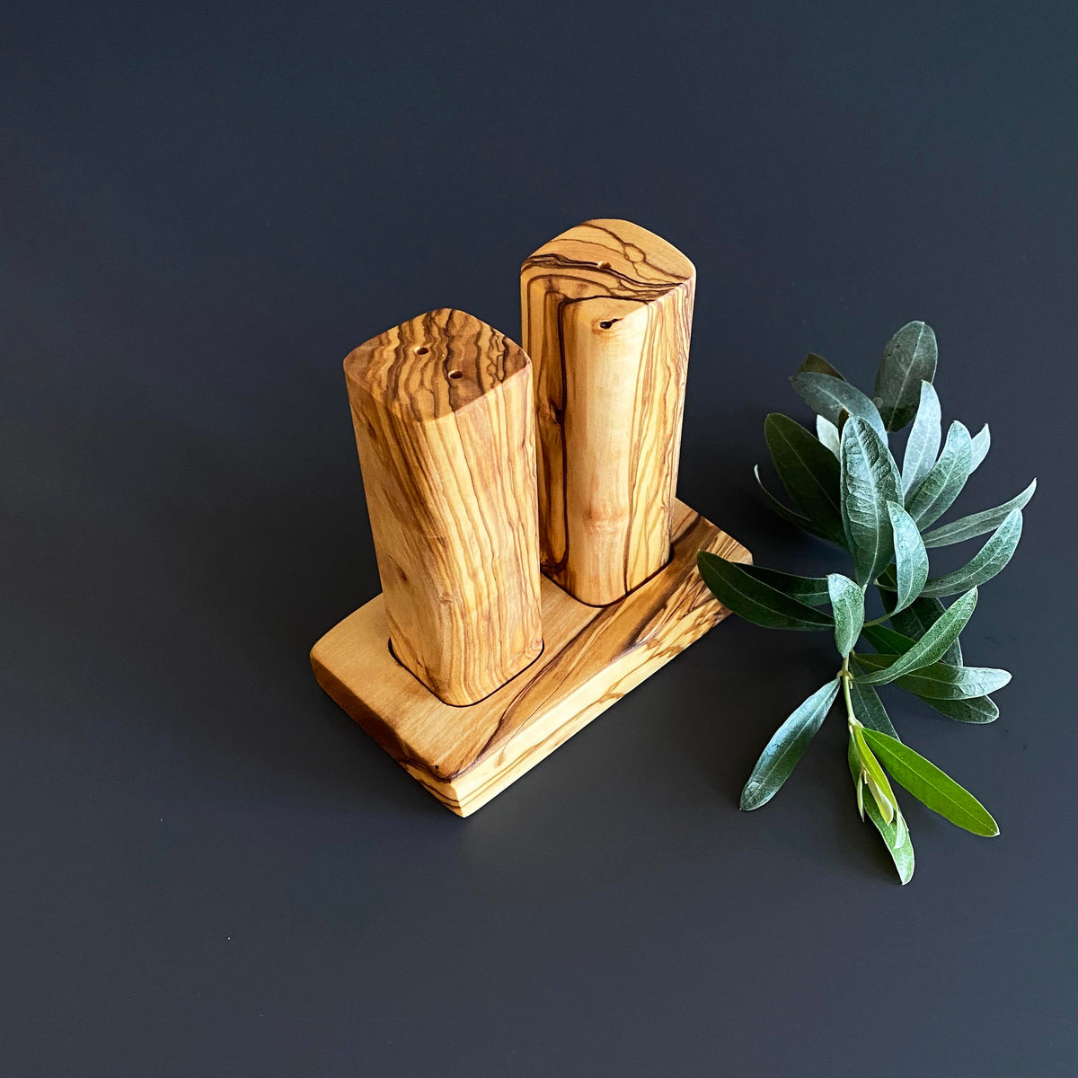 Handmade Olive Wood Salt and Pepper Shaker Set with Stand
