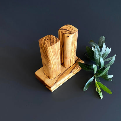 Handmade Olive Wood Salt and Pepper Shaker Set with Stand