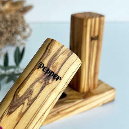 Handmade Olive Wood Salt and Pepper Shaker Set with Stand