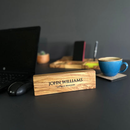 Personalized Olive Wood Desk Name Plate, Engraved Wooden Sign