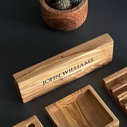 Personalized Olive Wood Desk Name Plate, Engraved Wooden Sign