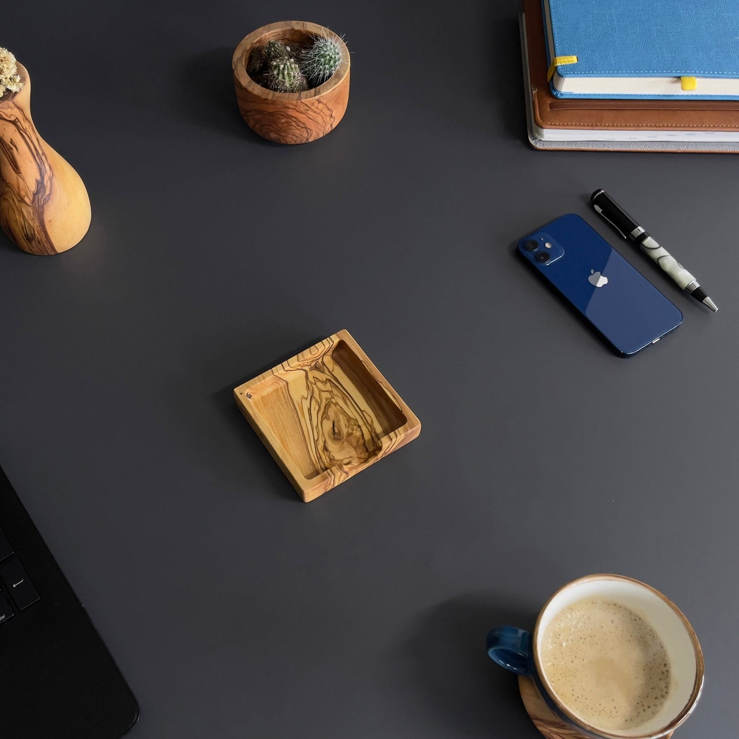 Handmade Olive Wood Desktop Set - 4 Piece Desktop Set - Wooden Desk Organizer - Office Supplies - Desk Decor - Wood Desk Accessories