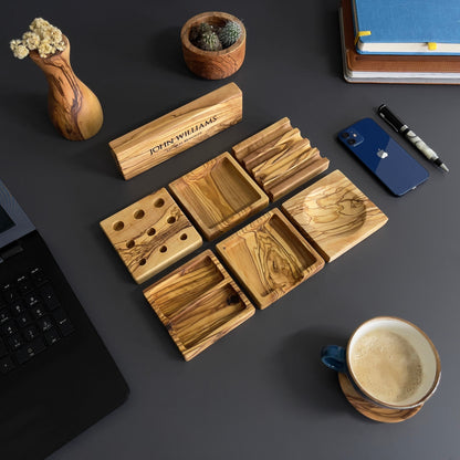 Handmade Olive Wood 7-Piece Desktop Set – Personalized Office Organizer
