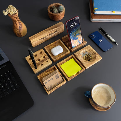 Handmade Olive Wood 7-Piece Desktop Set – Personalized Office Organizer