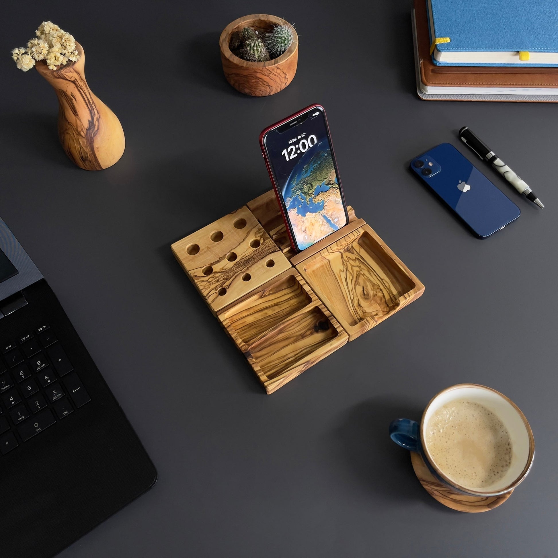 Handmade Olive Wood Desktop Set - 4 Piece Desktop Set - Wooden Desk Organizer - Office Supplies - Desk Decor - Wood Desk Accessories