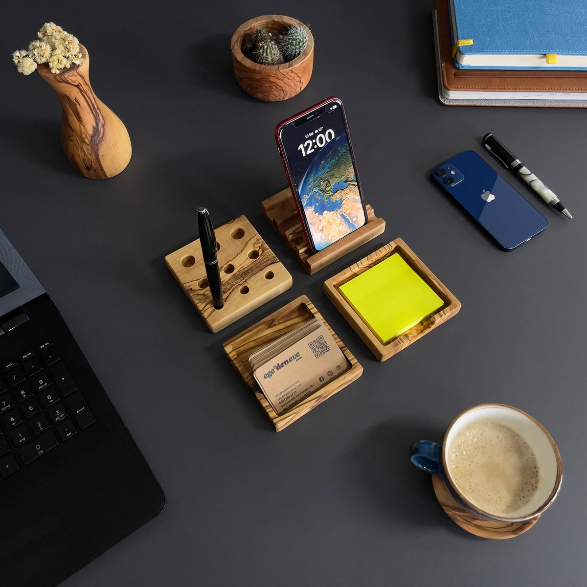 Handmade Olive Wood Desk Organizer Set – Office Accessories