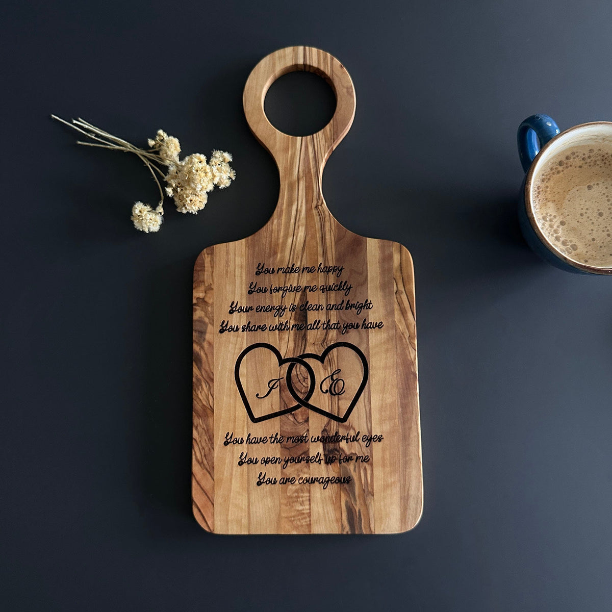 Personalized Olive Wood Cutting Board, Engraved Names, Anniversary Gift