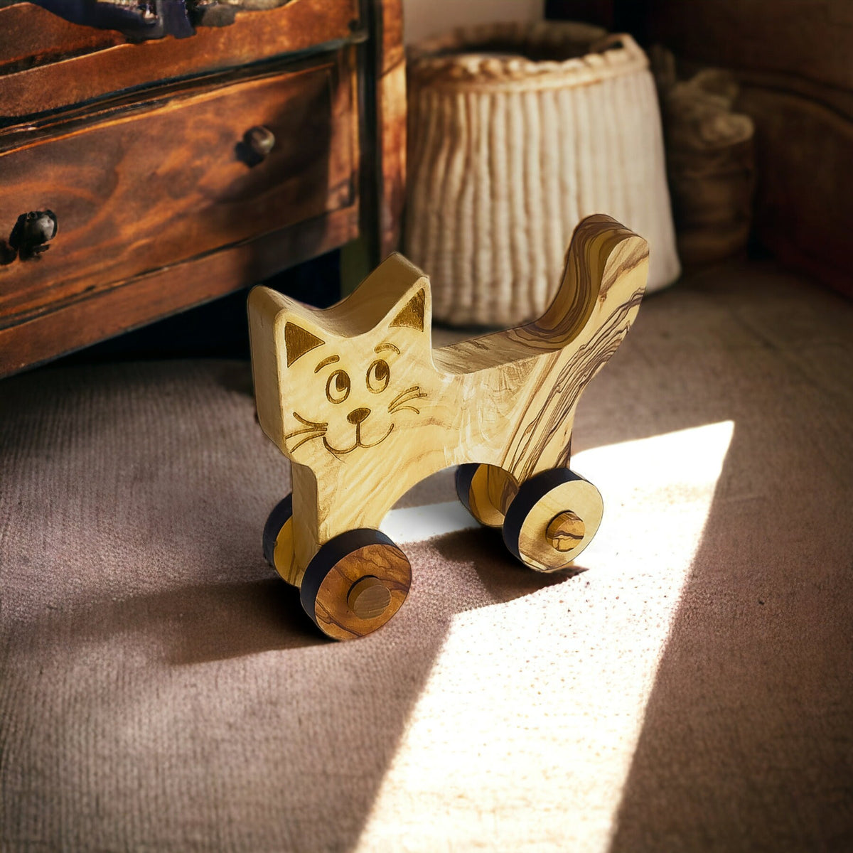 Personalized Olive Wood Cat Toy, Handmade Wooden Toy