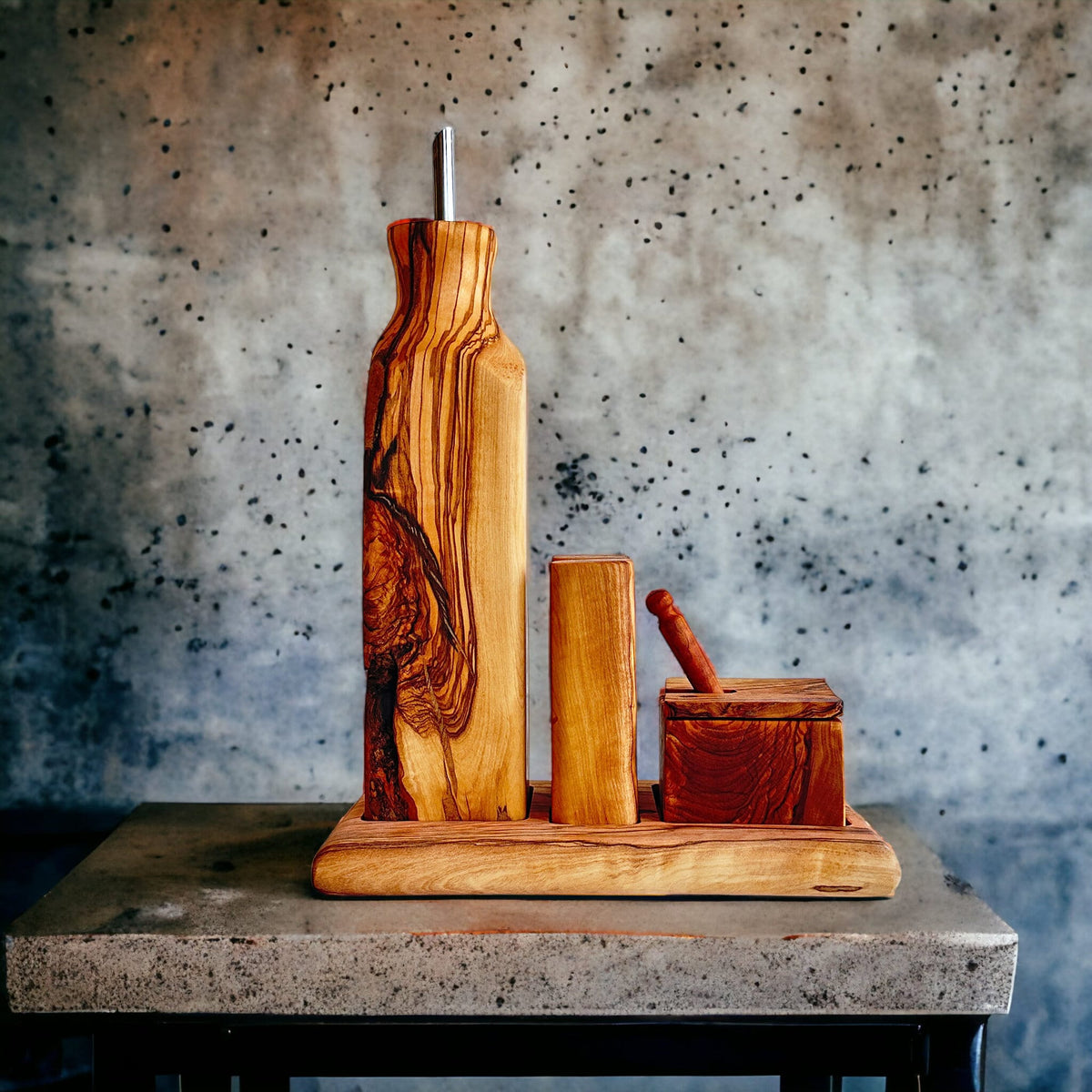 Handcrafted Olive Wood Dining Table Condiment Set - Menage Set