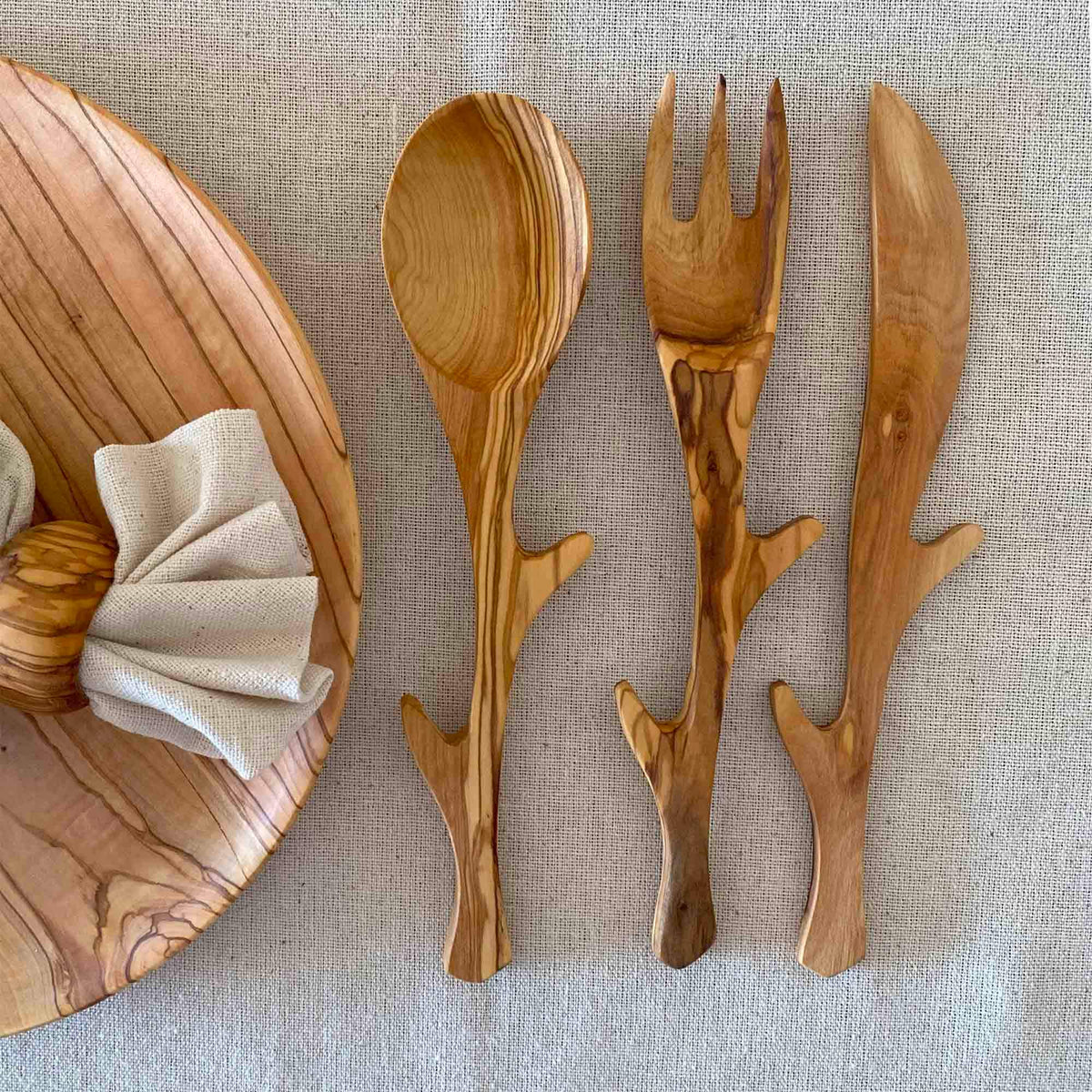 Handmade Olive Wood Cutlery Set, Stylized Spoon, Fork and Knife