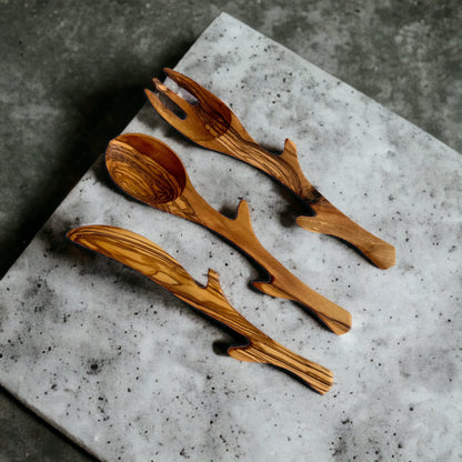 Handmade Olive Wood Cutlery Set, Stylized Spoon, Fork and Knife