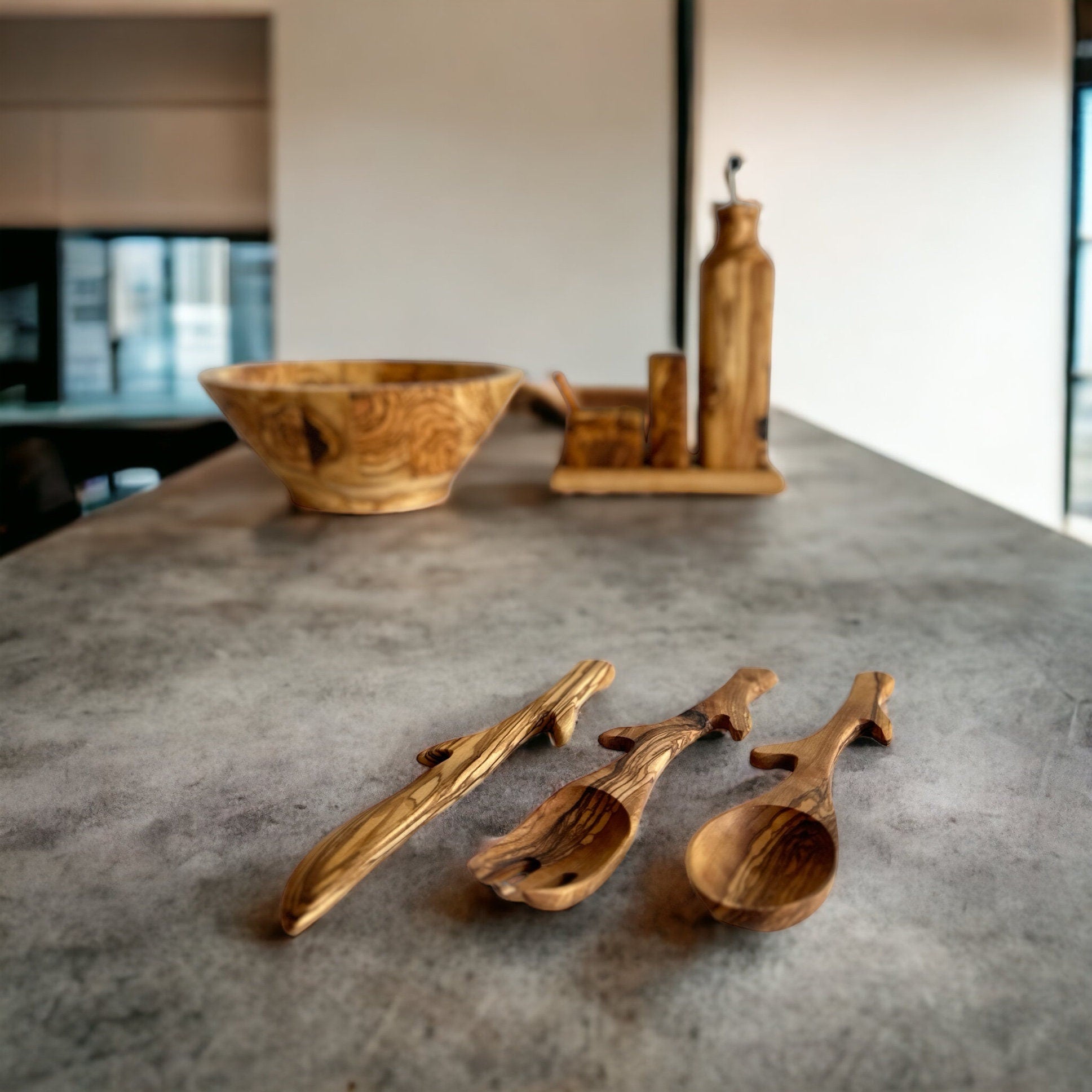 Olive Wood Cutlery Set, Wooden Stylized Spoon, Wooden Fork and Knife Set