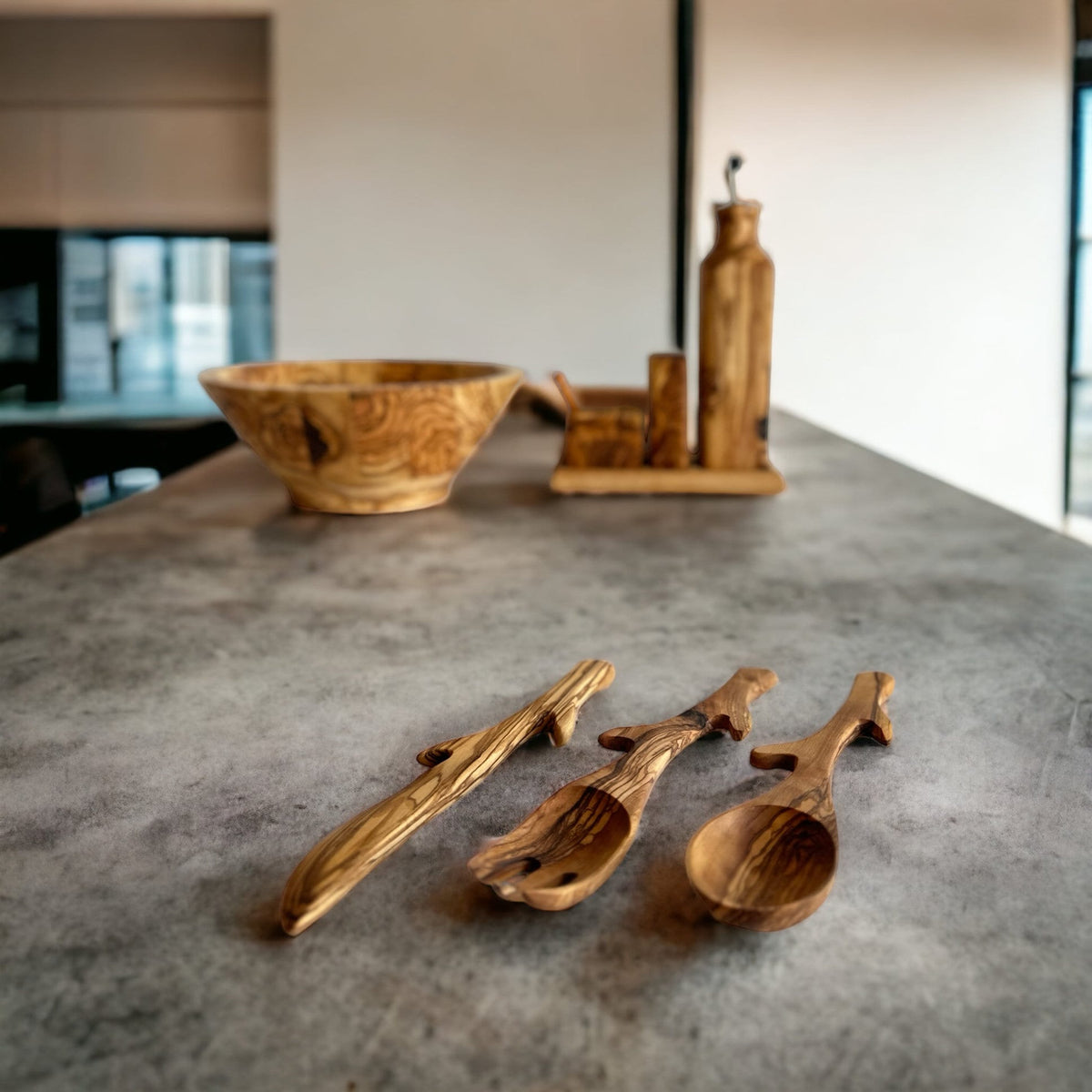 Handmade Olive Wood Cutlery Set, Stylized Spoon, Fork and Knife