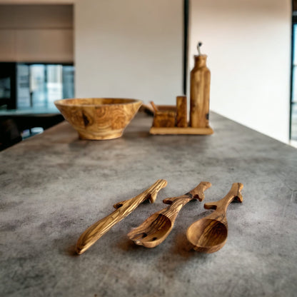 Handmade Olive Wood Cutlery Set, Stylized Spoon, Fork and Knife