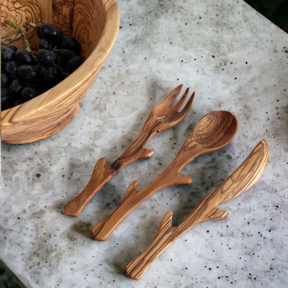 Handmade Olive Wood Cutlery Set, Stylized Spoon, Fork and Knife