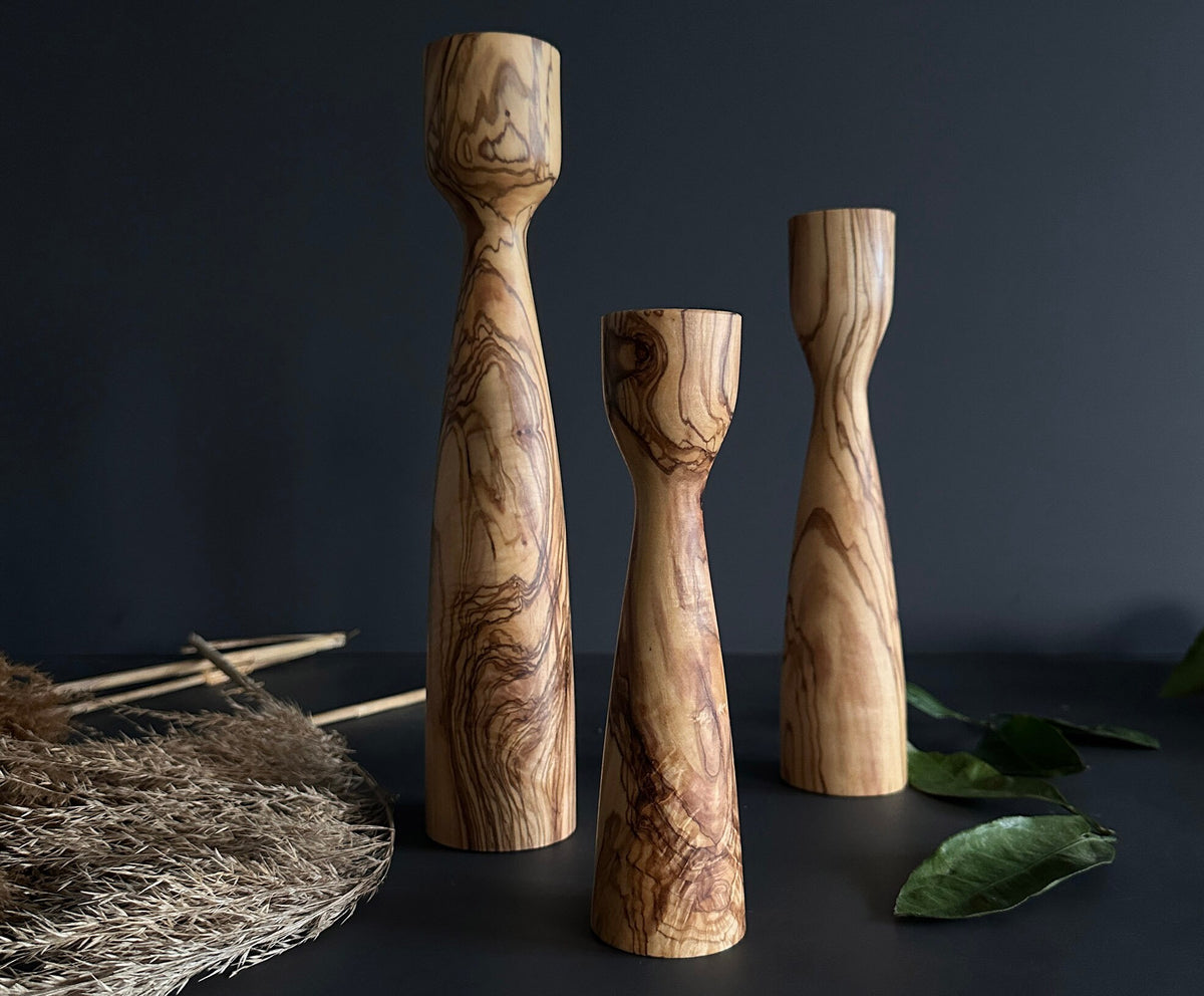 Handmade Olive Wood Candlestick Set | Wooden Holiday Decor