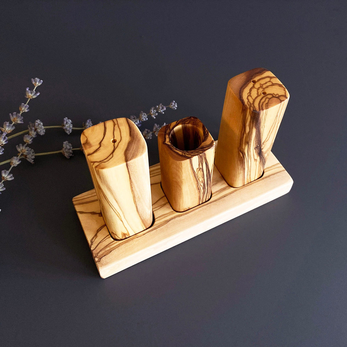 Handmade Olive Wood Salt & Pepper Shaker Set with Toothpick Holder