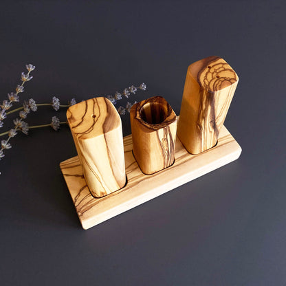 Handmade Olive Wood Salt & Pepper Shaker Set with Toothpick Holder