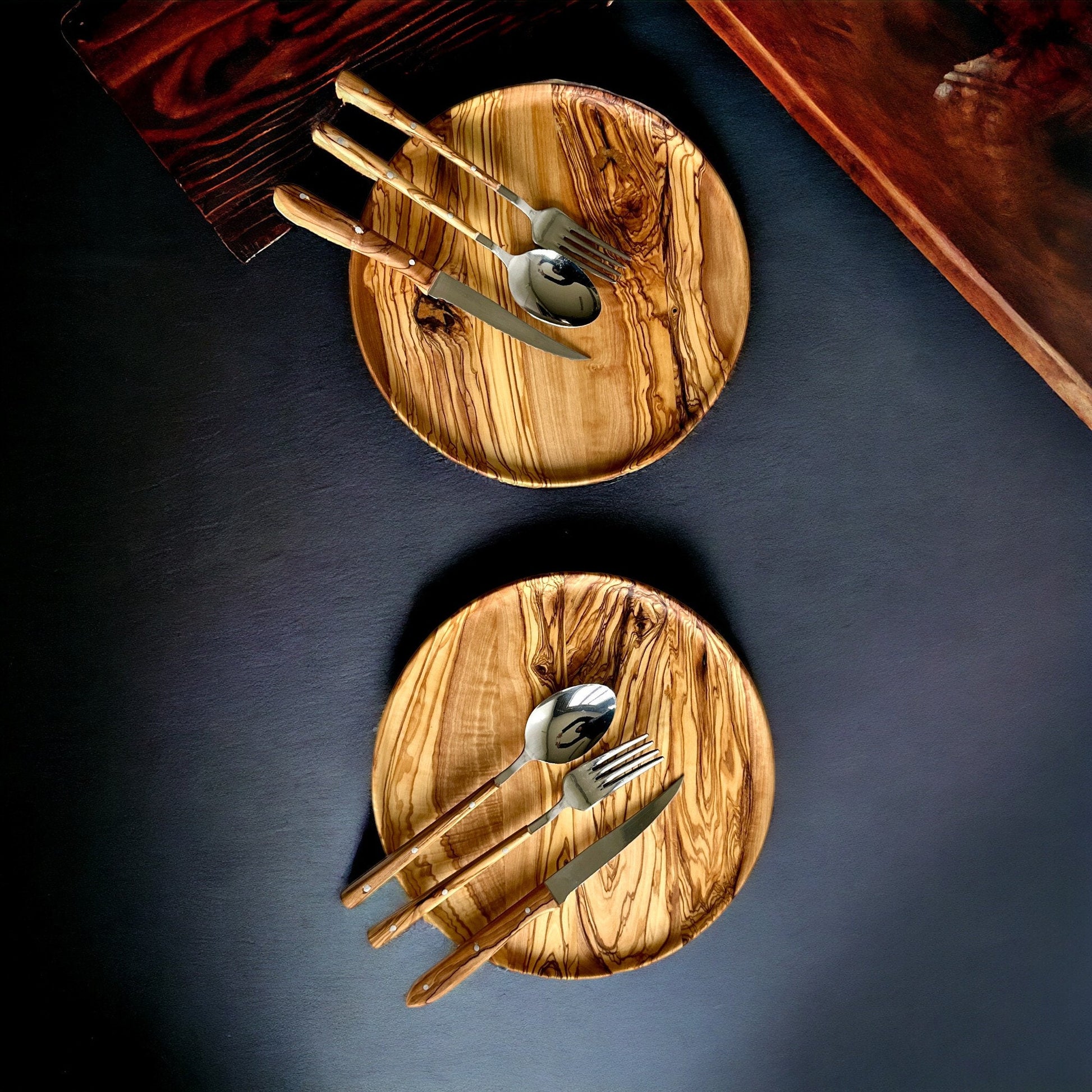 Handmade Olive Wood Dining Set - 2 Persons, Dinnerware Set , Dinner Set, Wood Set of Kitchen dishes for two, Tableware Sets