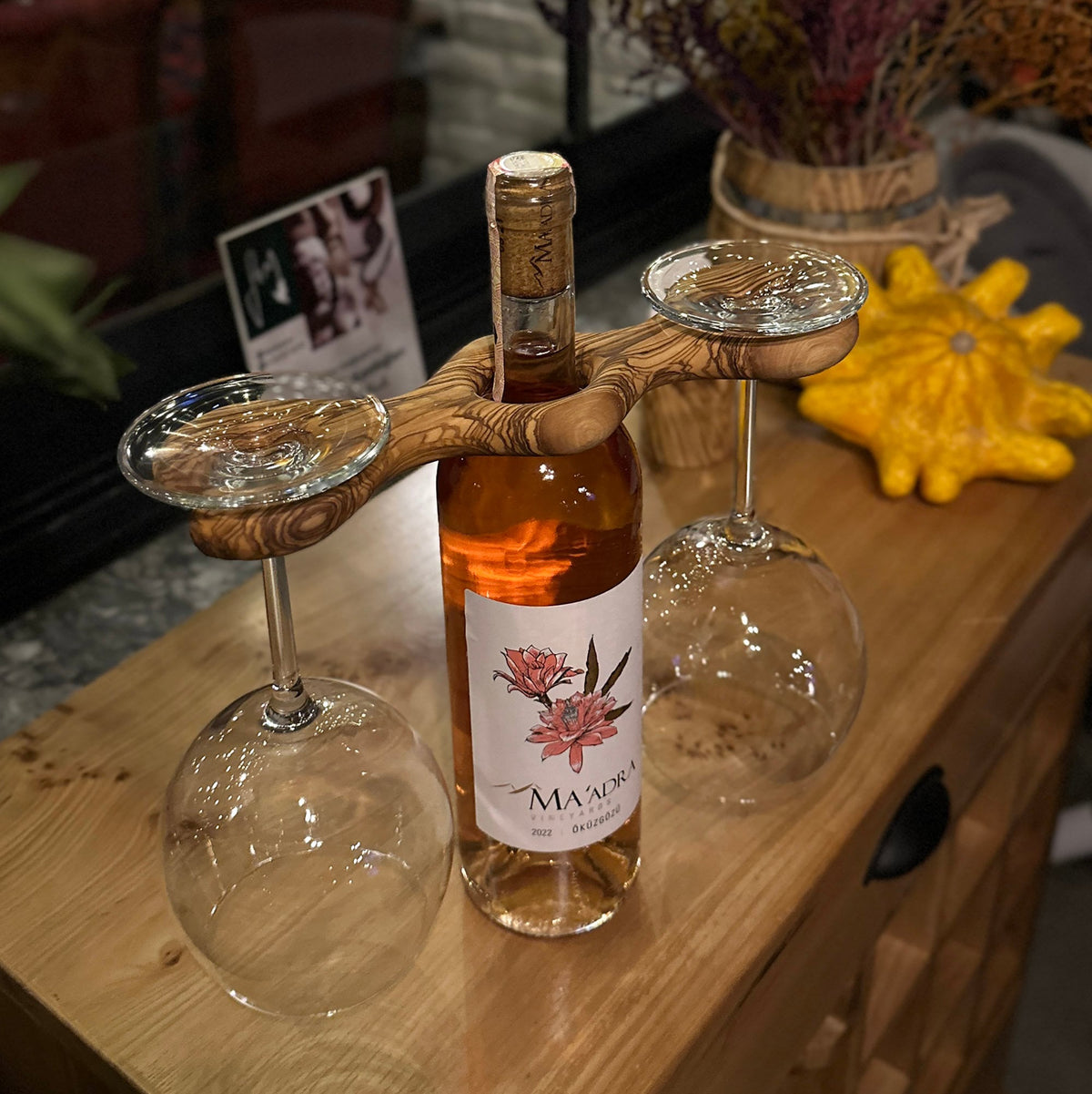 Handcrafted Olive Wood Wine Glass Holder, Rustic Table Decor