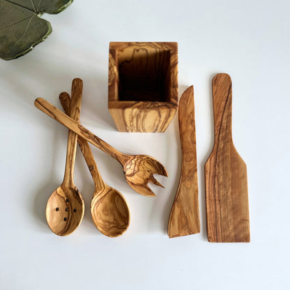 Handcrafted Olive Wood Kitchen Utensil Set, 6-Piece with Holder