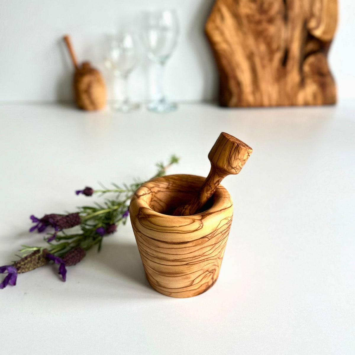 Rustic Olive Wood Mortar and Pestle, Carved Wooden Spice Grinder