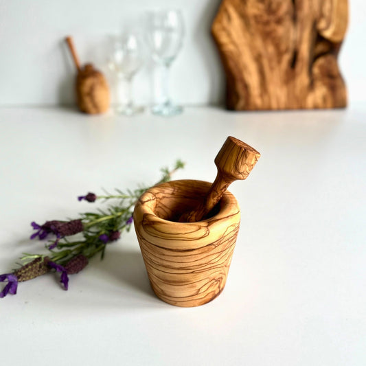Rustic Olive Wood Mortar and Pestle, Carved Wooden Spice Grinder