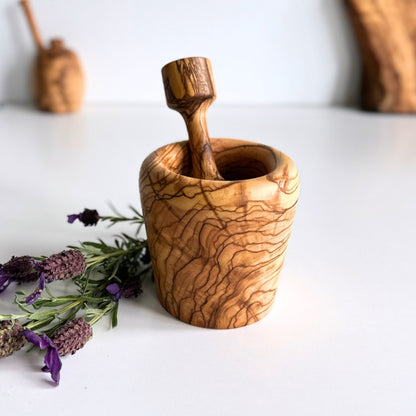 Rustic Olive Wood Mortar and Pestle, Carved Wooden Spice Grinder