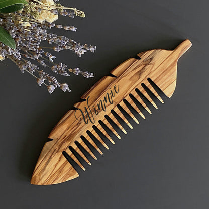 Personalized Olive Wood Hair Comb, Handmade Leaf Design