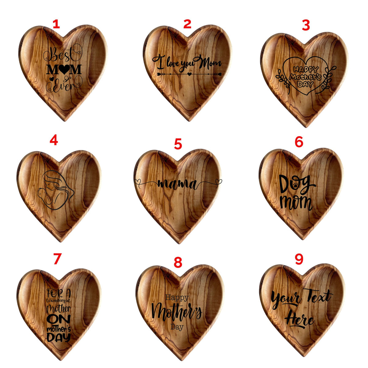 Personalized Olive Wood Heart Plate Set – Rustic Decorative Platters