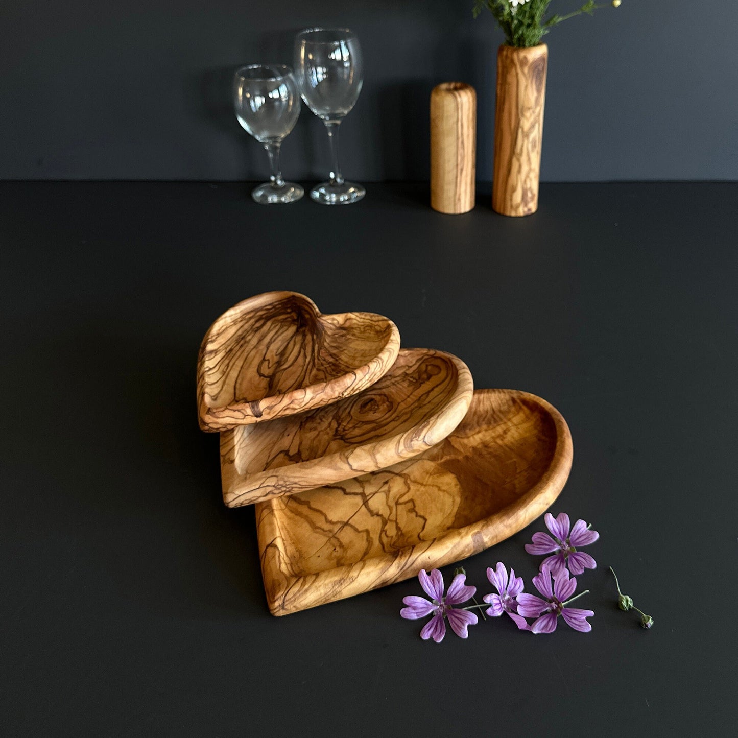 Personalized Olive Wood Heart-Shaped Plate Set of 3 - Rustic Decorative Serving Platters | Various Sizes Available